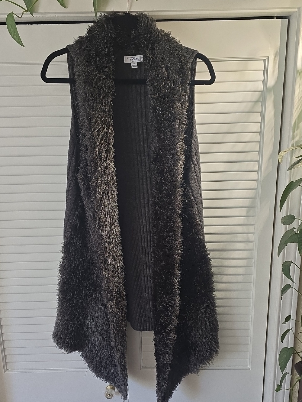 Great Northwest Indigo Dark Charcoal Faux Fur Trim Open Front Vest